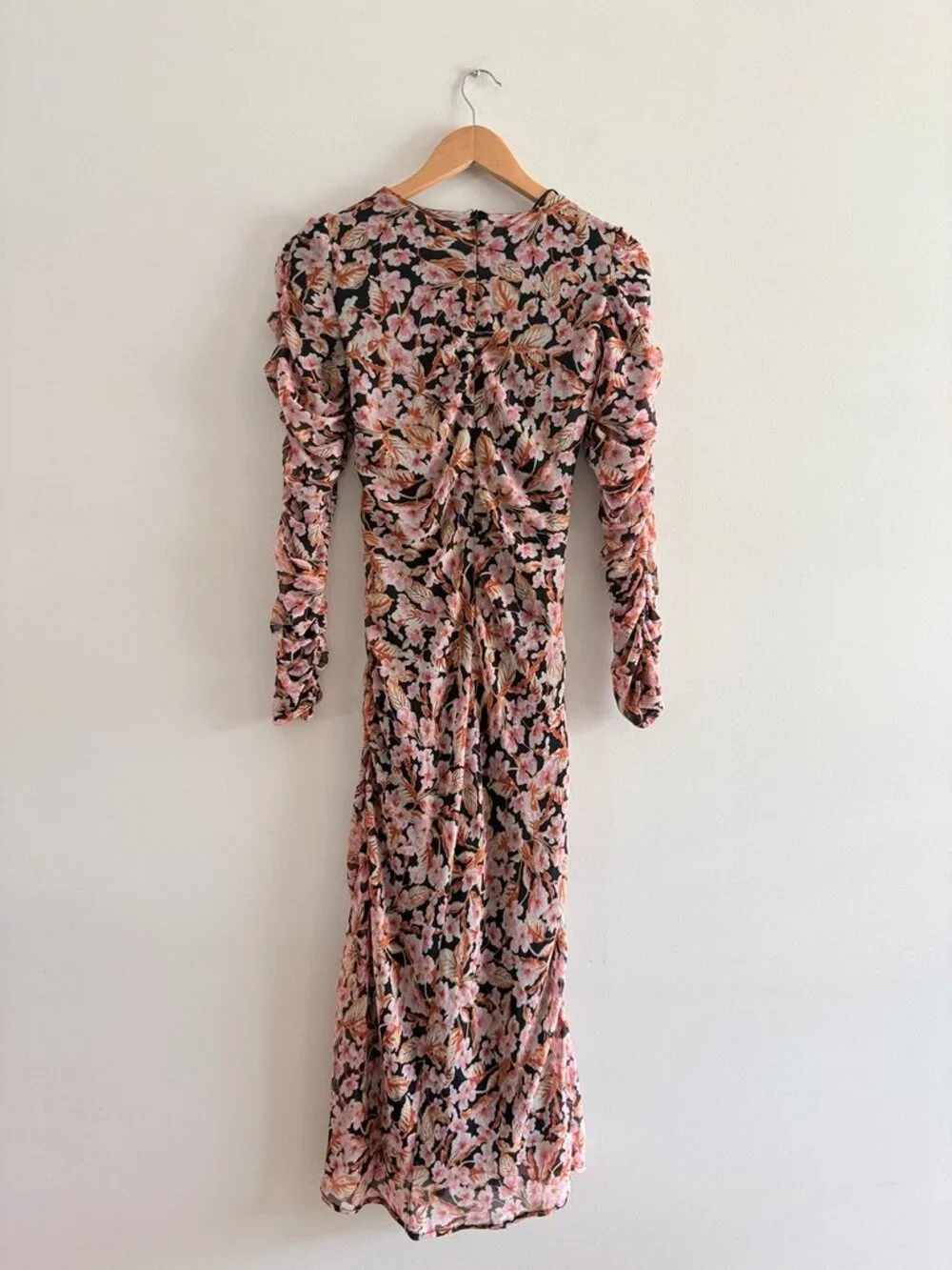 Zara Floral Ruched Midi Dress Puff Sleeve Blogger Favorite Black Pink Size Small - Picture 8 of 11